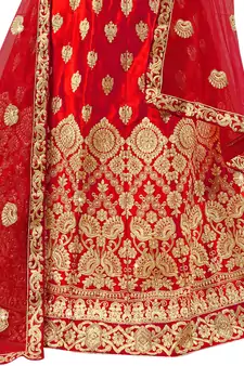 Red Embroidered Satin Semi Stitched Lehenga
