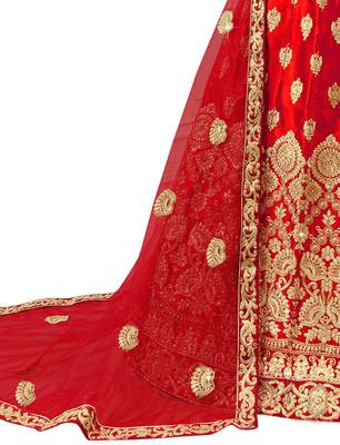 Red Embroidered Satin Semi Stitched Lehenga 4
