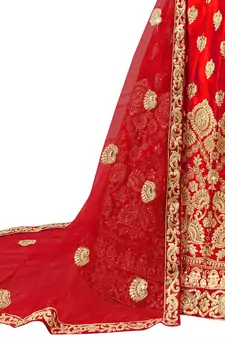 Red Embroidered Satin Semi Stitched Lehenga