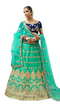 Sea-Green Embroidered Satin Semi Stitched Lehenga 1