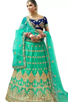 Sea-Green Embroidered Satin Semi Stitched Lehenga