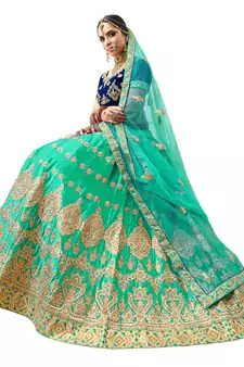 Sea-Green Embroidered Satin Semi Stitched Lehenga