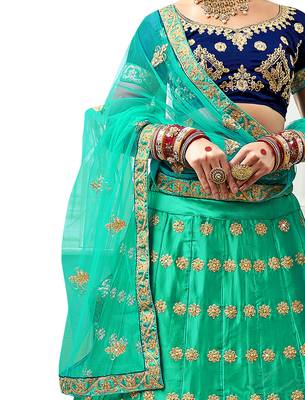 Sea-Green Embroidered Satin Semi Stitched Lehenga 4