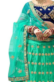Sea-Green Embroidered Satin Semi Stitched Lehenga