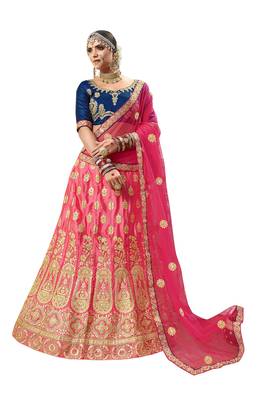 Pink Embroidered Satin Semi Stitched Lehenga 1