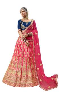 Pink Embroidered Satin Semi Stitched Lehenga