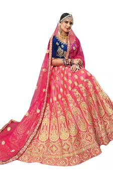 Pink Embroidered Satin Semi Stitched Lehenga