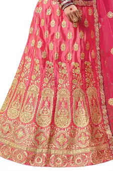 Pink Embroidered Satin Semi Stitched Lehenga