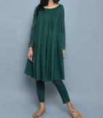 Dark-green plain cotton long-kurtis