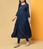 Royal-blue plain cotton long-kurtis