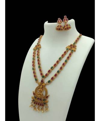 Gold Plated Red & Green Studded Laxmi Pendant Temple Necklace Sets 2