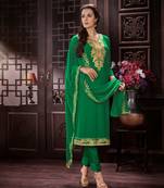 Green Embroidered Georgette Churidar With Dupatta Semi Stitched