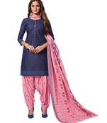 Women's Dark Blue & Light Pink Cotton Printed Unstitch Dress Material With Dupatta