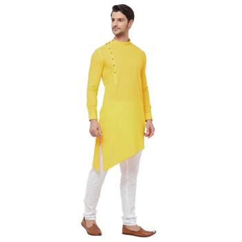Yellow woven cotton kurta-pajama 3
