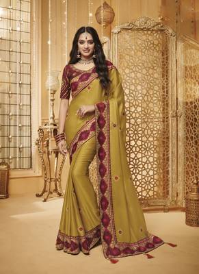 Olive embroidered satin saree with blouse 1
