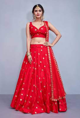 Red Embroidered Semi Stitched Lehenga, Choli And Dupatta Set 1