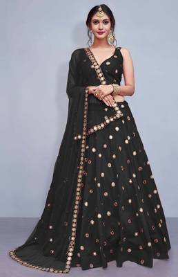 Black Embroidered Semi Stitched Lehenga, Choli And Dupatta Set 1