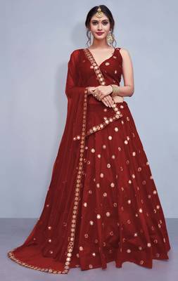 Maroon Embroidered Semi Stitched Lehenga, Choli And Dupatta Set 1