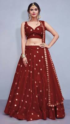 Maroon Embroidered Semi Stitched Lehenga, Choli And Dupatta Set 2