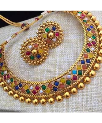 Multicolour Stone Studded Metallic Necklace Set 1