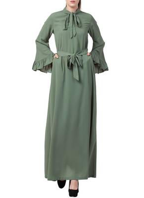 Green Dress Abaya With Collar Ribbon And Frilled Bell Sleeves 1