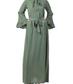 Green Dress Abaya With Collar Ribbon And Frilled Bell Sleeves