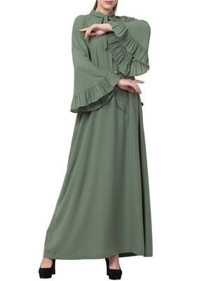 Green Dress Abaya With Collar Ribbon And Frilled Bell Sleeves 2