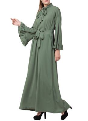 Green Dress Abaya With Collar Ribbon And Frilled Bell Sleeves 3