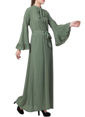 Green Dress Abaya With Collar Ribbon And Frilled Bell Sleeves 4