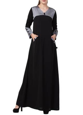 Black Black Abaya Dress With Front Pockets And Matching Stole 1
