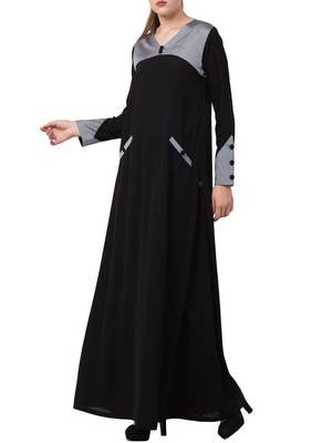Black Black Abaya Dress With Front Pockets And Matching Stole 2