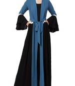 Dark-Aqua-Blue An Abaya Like Dress With Attached Shrug And A Belt In Multi Color