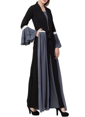Grey An Abaya Like Dress With Attached Shrug And A Belt In Multi Color 2