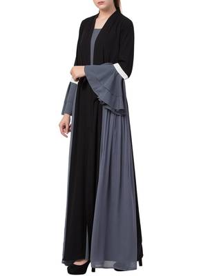 Grey An Abaya Like Dress With Attached Shrug And A Belt In Multi Color 3