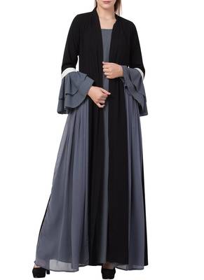 Grey An Abaya Like Dress With Attached Shrug And A Belt In Multi Color 4