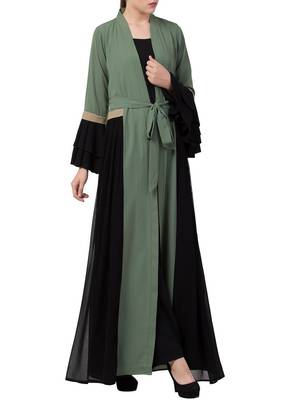 Green An Abaya Like Dress With Attached Shrug And A Belt In Multi Color 1