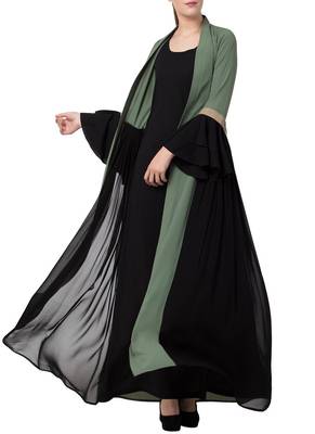 Green An Abaya Like Dress With Attached Shrug And A Belt In Multi Color 2