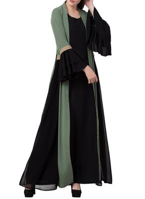 Green An Abaya Like Dress With Attached Shrug And A Belt In Multi Color 3
