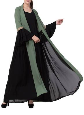 Green An Abaya Like Dress With Attached Shrug And A Belt In Multi Color 4