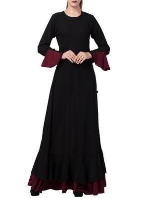 Black Dual Color Designer Abaya Dress In Biased Cut With Frills In Layers. 1
