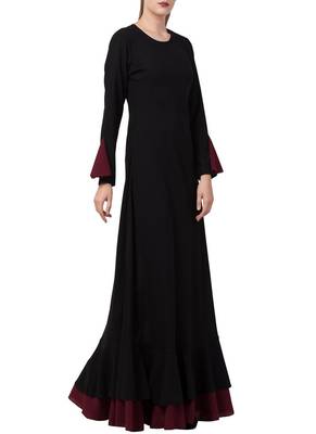 Black Dual Color Designer Abaya Dress In Biased Cut With Frills In Layers. 2