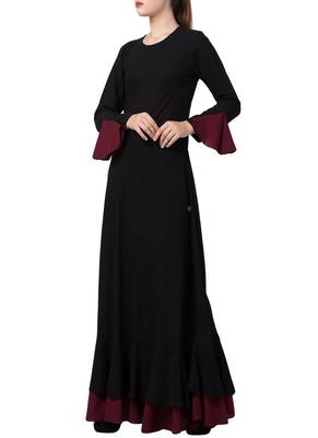 Black Dual Color Designer Abaya Dress In Biased Cut With Frills In Layers. 3