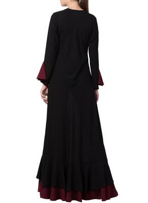 Black Dual Color Designer Abaya Dress In Biased Cut With Frills In Layers. 4