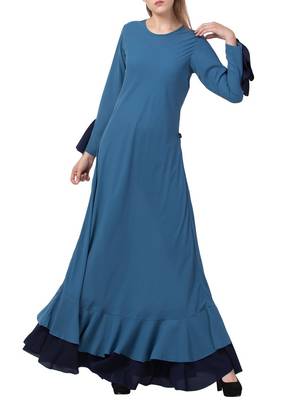 Dark-Aqua-Blue Dual Color Designer Abaya Dress In Biased Cut With Frills In Layers. 2