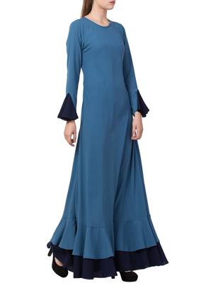 Dark-Aqua-Blue Dual Color Designer Abaya Dress In Biased Cut With Frills In Layers. 3