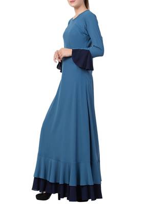 Dark-Aqua-Blue Dual Color Designer Abaya Dress In Biased Cut With Frills In Layers. 4