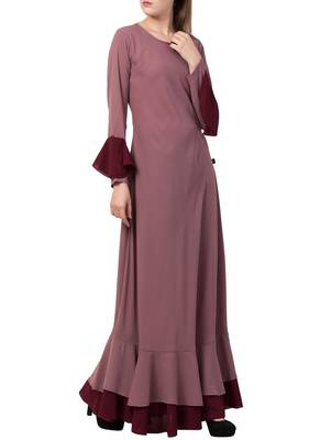 Onion-Pink Dual Color Designer Abaya Dress In Biased Cut With Frills In Layers. 2