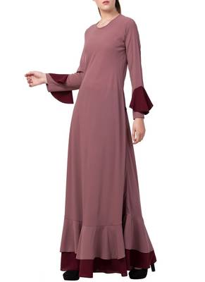 Onion-Pink Dual Color Designer Abaya Dress In Biased Cut With Frills In Layers. 3