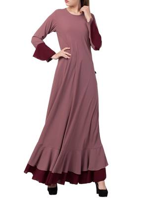 Onion-Pink Dual Color Designer Abaya Dress In Biased Cut With Frills In Layers. 4