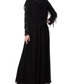 Black True Designer Abaya Like Dress With Attached Shawl And Fancy Body.